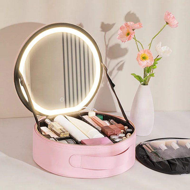 PU Multifunctional Toiletries Organizer with LED Mirror Makeup Case Light 3 Color Adjust Brightness Touch Switch jpg 1